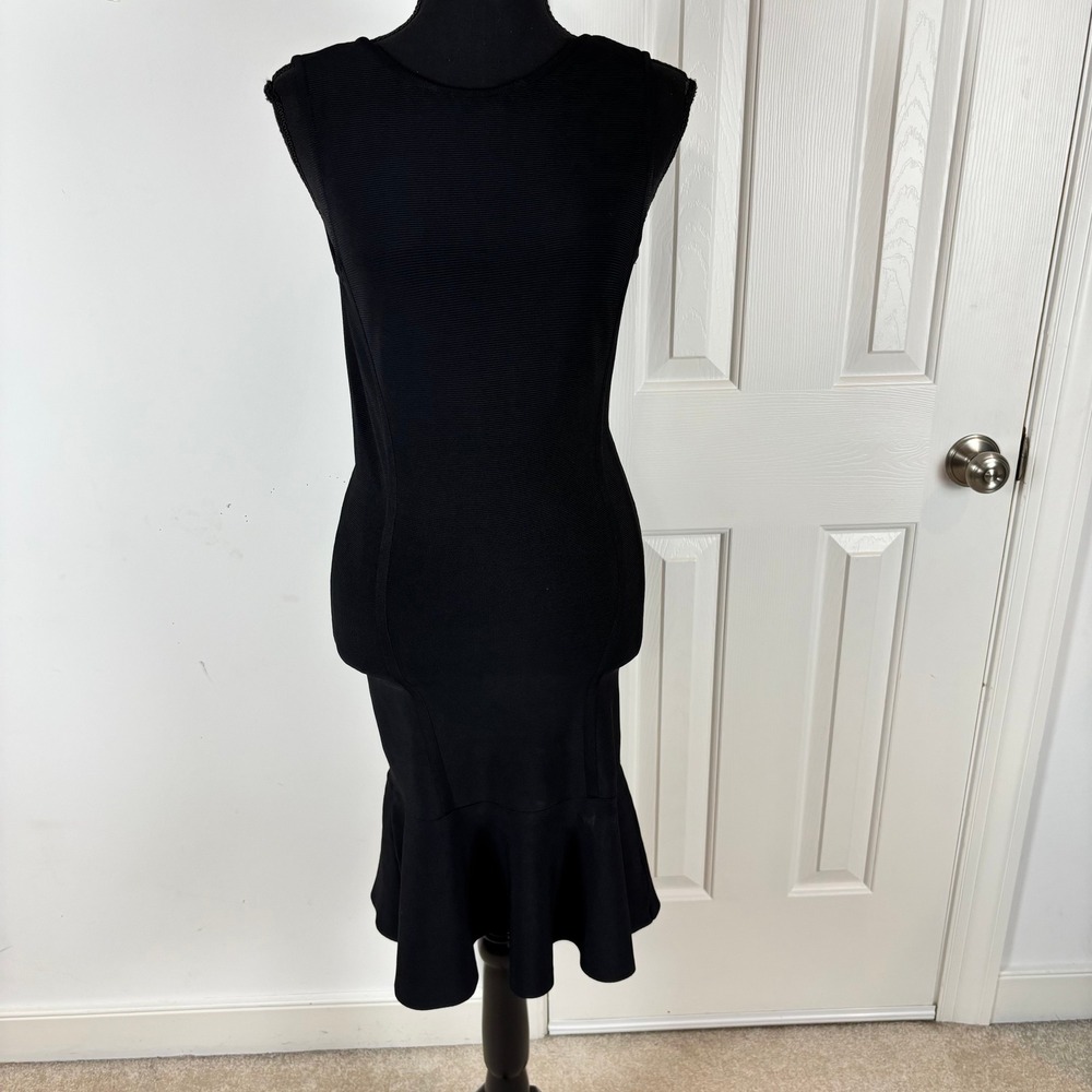 BCBGMAXAZRIA Black Bandage Flounce Dress Scoop Back LHL68A53-001 Womens XS